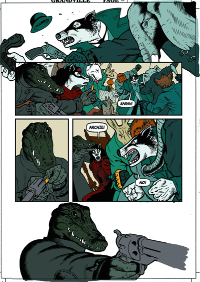 Next were the colour flats: the different areas of the illustrations were selected and filled with different solid colours on a layer beneath the linework. About three quarters of the colour flats in the book were done by my friend, the designer Jordan Smith. Creating a graphic novel is a long slog and anything that can save me time is a bonus. You can see that I’ve also added the final panel borders using the line tool and the text and speech balloons, both on separate layers above the ink line layer.