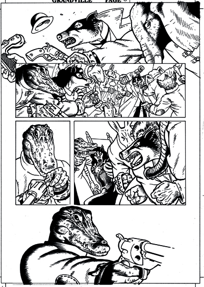 This was then inked, using a brush and technical pens, then the pencil lines were erased with a rubber. This is the point when I scanned the page into the computer and cleaned up any unwanted marks and made any corrections to the linework using the Photoshop eraser and brush tools.