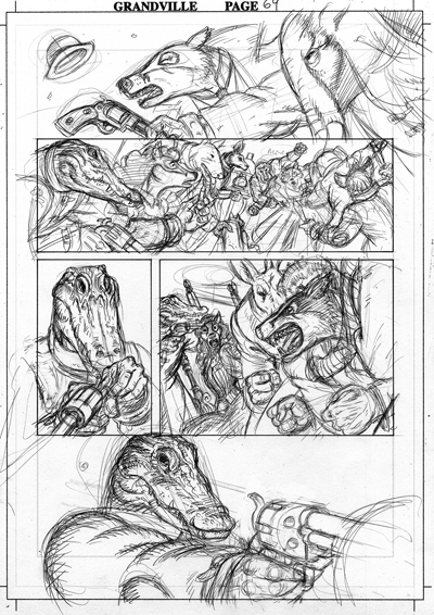 Here’s the drawing, done with a pencil on a drawing board, for page sixty-nine of Grandville.