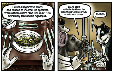 Rodericks (correct) advice on handling a posh meal place-setting.