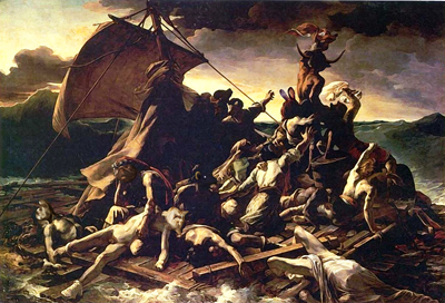 The large painting is an anthropomorphic version of The Raft of the Medusa (Le Radeau de la Medusa) by Théodore Géricault (1791 – 1824), which does hang in the Louvre.