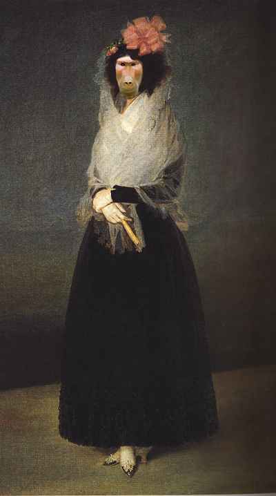 The painting in the background here and in panel 7 is taken from La Comtesse del Carpio, Marquise de la Solana by Francisco Goya (1746 – 1828), which does hang in the Louvre.