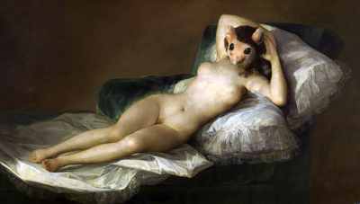 The painting in the background is adapted from The Nude Maja, by Francisco Goya (1746 -1828).