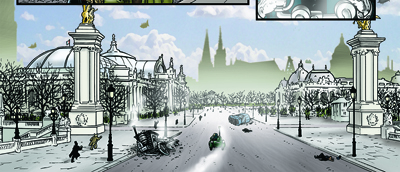 Here, LeBrock is crossing the Pont Alexandre III (Alexander III Bridge) over the Seine, and heading directly towards “Waterloo Boulevard” (the Champs-Élysées), where Krapaud Tower is located.