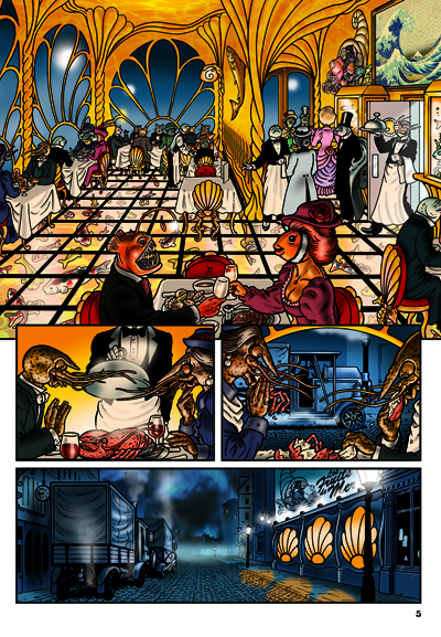 I was quite pleased with the design of the art nouveau restaurant, especially the scallop shell-shaped windows. The glass floor with carp swimming beneath was based on a restaurant Mary and I ate in in Chongqing, China, which really did have a floor like this.