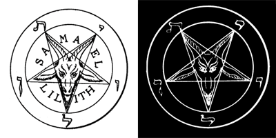 The main lobby of Koenig’s establishment, continuing my fantasy version of the real Hell Club (see page 82 annotations). The pentacle and goat head design sculpted above the door is based on The Sigil of Baphomet, symbol of the Church of Satan, an adaptation of an illustration that first appeared in La Clef de la Magie Noire by Stanislas de Guaita in 1897.