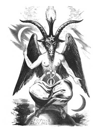 The wall is decorated with a version of an illustration of a Sabbatic Goat created by Eliphas Levi (1810 – 1875), often called The Goat of Mendes.
