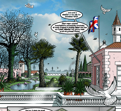 The location is a fantasy version of the real Kensington Roof Gardens, which really does have mature trees and flamingos. Actually, I’m not sure whether the flamingos are still there as, apparently, it closed to the public in February 2018. Before that, it was accessible to customers of the Babylon restaurant, situated on the top floor of the old Derry and Toms building in Kensington High Street. We went to have lunch there in February 2016, so I could take reference photos for this sequence, some of which are below.