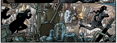 Centre panel sees the return of the “rather amusing stuffed cobra” from Flook. See Grandville Mon Amour, page 55, panel 4 annotations. This must be the same Montmartre junk dealer’s market table.