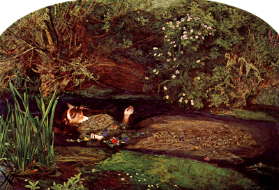 Millais used oil lamps beneath the bath to warm the water (here, it’s candles) but he was concentrating so much on the painting that he didn’t notice when they burnt out, making the water icy cold. Siddal caught pneumonia and her father had Millais pay her medical bills, under the threat of legal action.