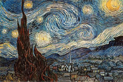 The painting above the fireplace is Vincent Van Gogh’s Starry Night (1889).