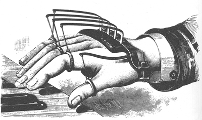 Doc’s wearing something based on a Victorian invention intended to give support to the fingers of typists and pianists. If you look closely at this illustration, there’s what appears to be a masonic symbol on the shirt button.