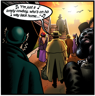 In the final panel of every Luke Luke story (with the exception of the very earliest), he rides off into the sunset singing “I’m a poor lonesome cowboy, and a long way from home”.